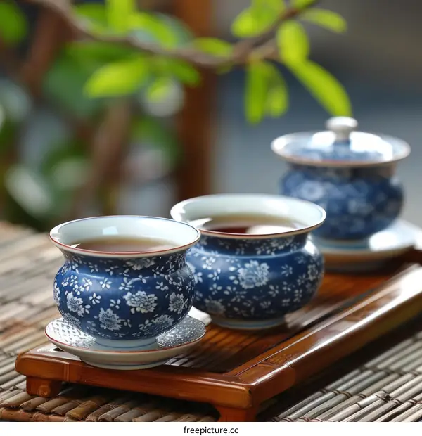Blue and white porcelain teacups on a bamboo table