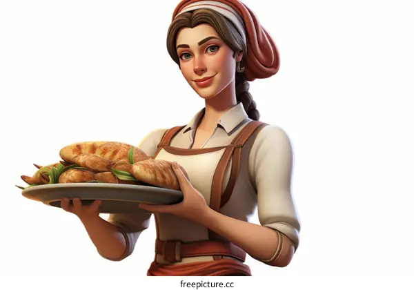 A woman in a brown and white outfit holding a plate of roasted chickens