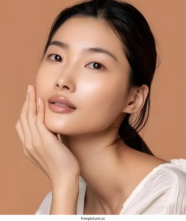 Beautiful Asian Woman with Clear Skin Posing with Hand on Face