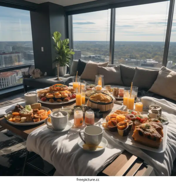 A delicious brunch spread with a view of the city