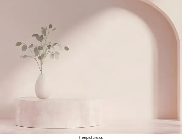 Minimalist Product Display with Vase and Plant on a Round Marble Pedestal