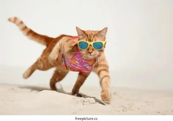 Cat in sunglasses and swimsuit runs on sand