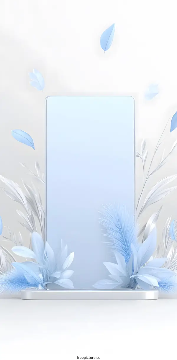 Blue Minimalist 3D Rendering with Leaves and Platform