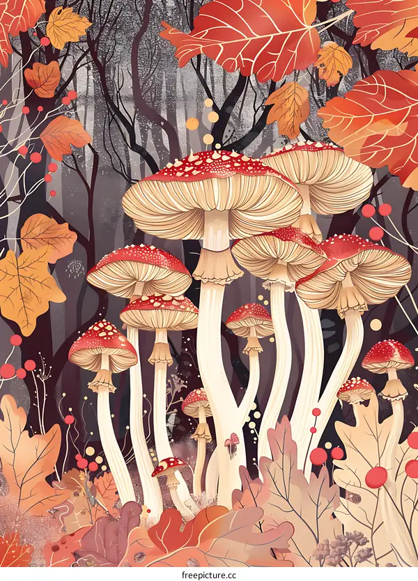 Autumn Forest with Red and White Mushrooms
