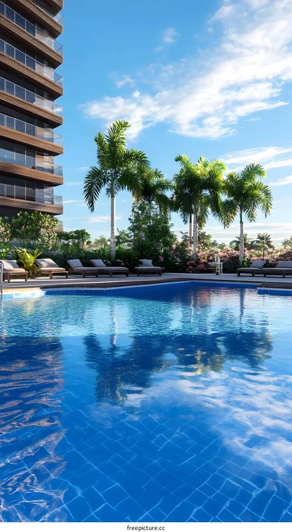 Luxury Resort Pool with Palm Trees and Modern Architecture