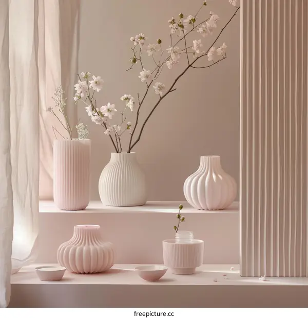 Pink and White Vases with Cherry Blossoms on Blush Background