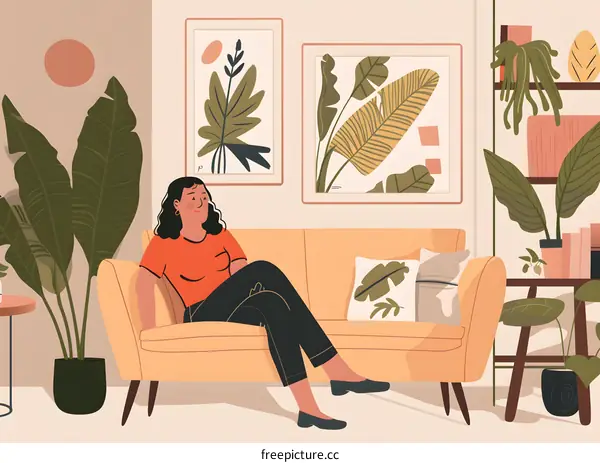 Woman Relaxing On A Sofa In A Living Room