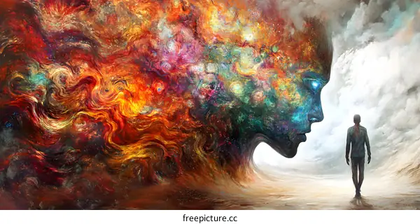 Abstract Painting of a Man Walking Away from a Giant Face