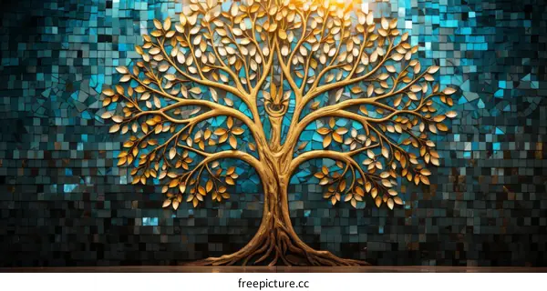 Golden Tree Mosaic Artwork on Blue Background