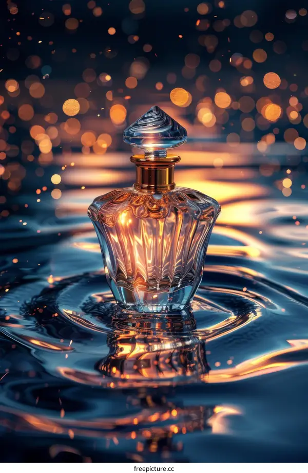 Elegant Perfume Bottle on Rippled Water Surface with Bokeh Lights