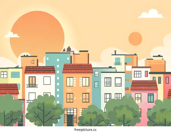 Colorful Cityscape Illustration with Sunset and Buildings