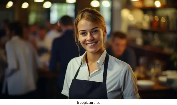 Portrait of a Smiling Blonde Waitress in a Busy Restaurant