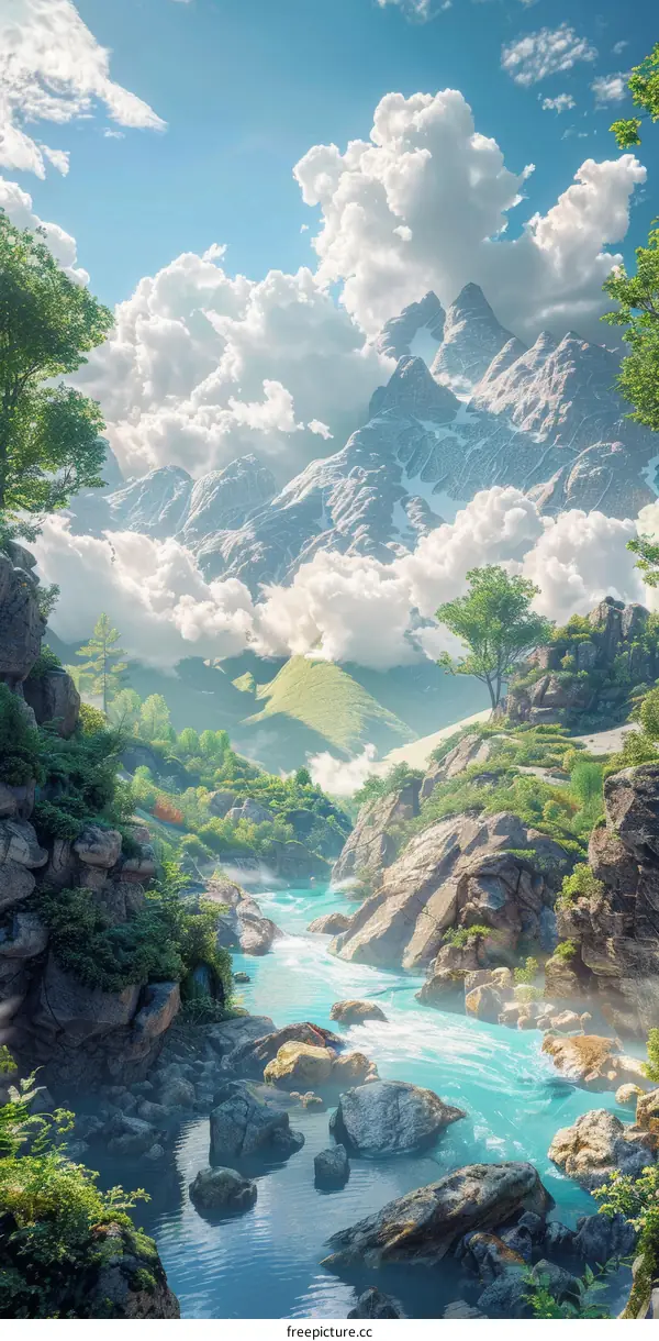 Majestic Mountain River Valley Landscape Illustration