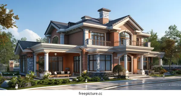 European style two-story house with brick exterior
