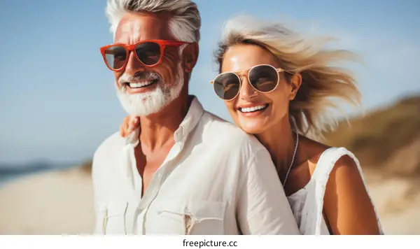 Happy retired couple smiling and embracing on a sunny day