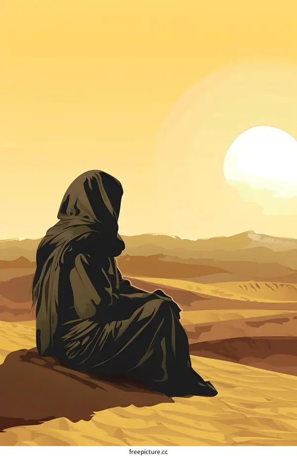 Woman Sitting in Desert with Sun Setting