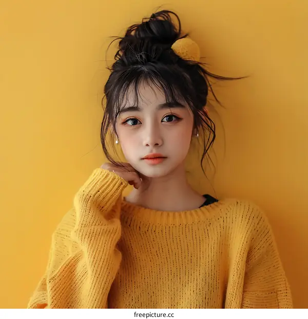 Teenage Girl in Mustard Yellow Knitted Sweater