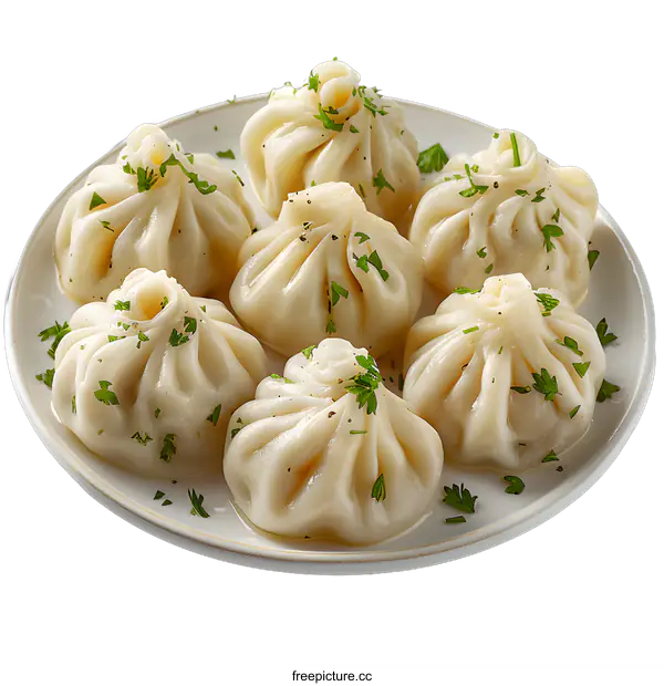 [Transparent Background PNG]khinkali with greens on a white plate