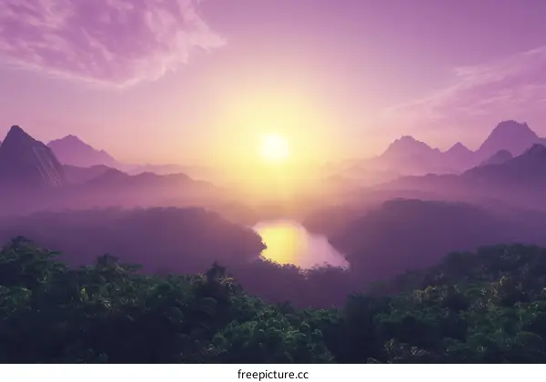 fantasy landscape with river and mountains in pink purple colors