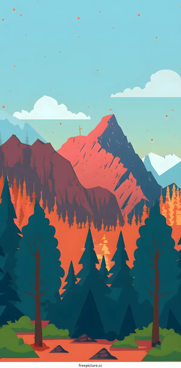 Mountain Landscape with Trees and a Cross on Top