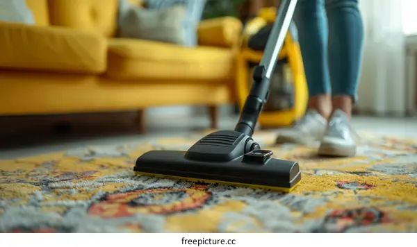 A woman is vacuuming a carpet in the living room