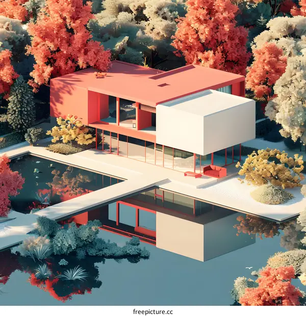 Modern Minimalist House with Red Roof and Pool