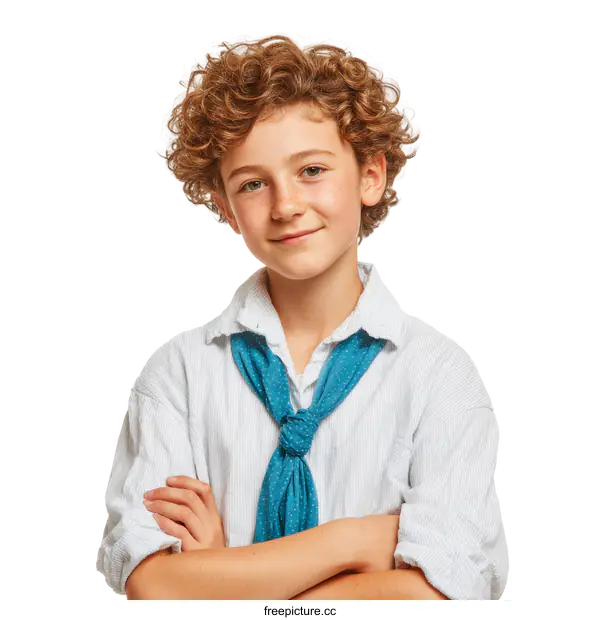 [Transparent Background PNG]Portrait of a Curly-Haired Boy in a White Shirt