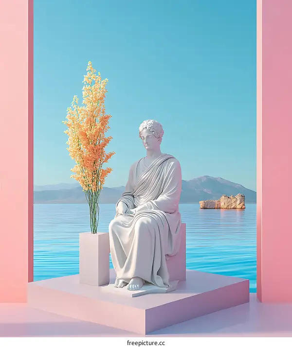 White Marble Statue by the Sea With Pink Pillars and Yellow Flowers
