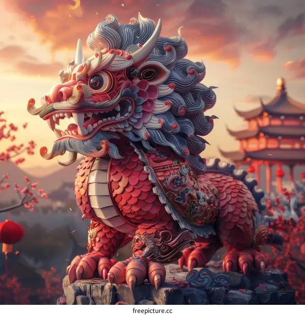 Chinese Lion, Temple, and Cherry Blossoms in Spring