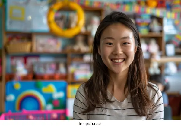 Portrait of a smiling young Asian woman with long dark hair in a classroom