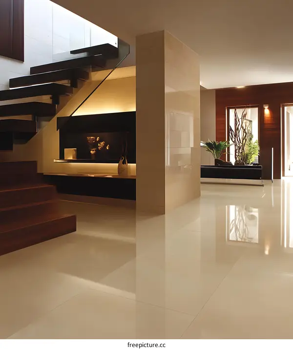 Modern Interior Design with Beige Tiles and Wooden Stairs