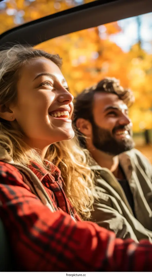 Young couple admiring the fall foliage from their car