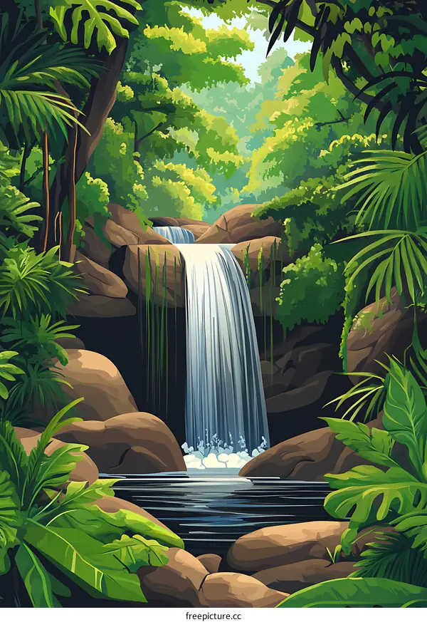 Waterfall In Lush Tropical Jungle