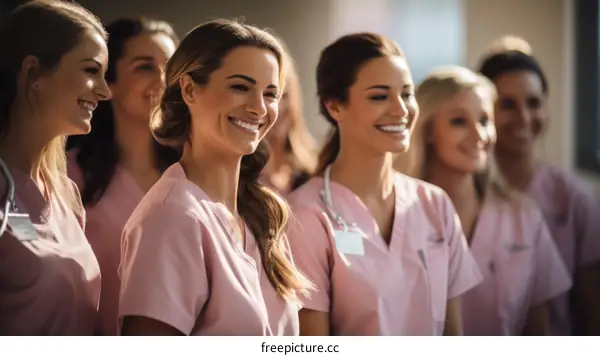 Group of smiling female nurses in pink scrubs
