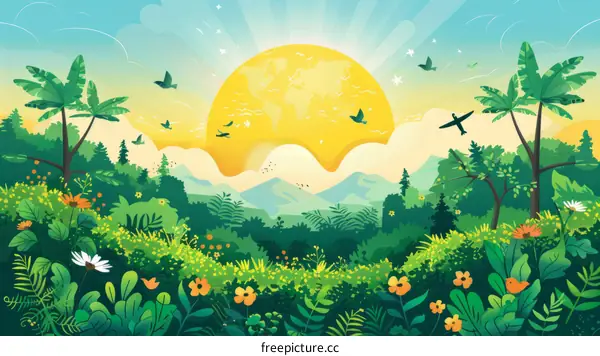 lush green landscape with a glowing sun and birds flying in the sky