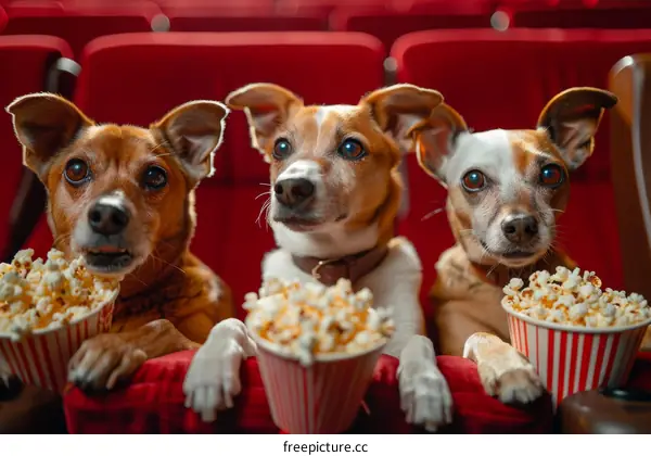 Three dogs watching a movie