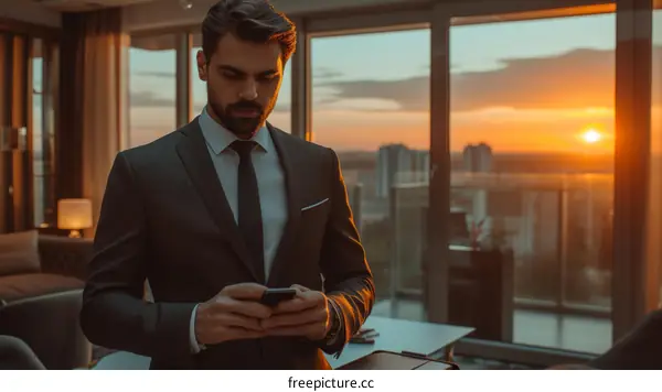 Businessman in suit using smartphone in modern office at sunset