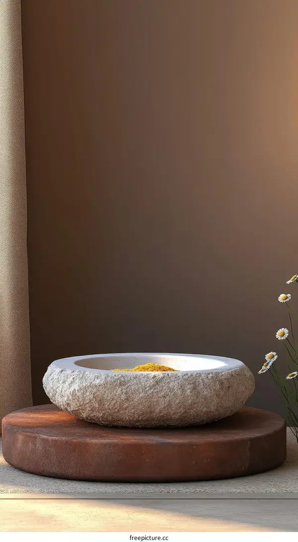 Rustic Stone Bowl on Wooden Platter