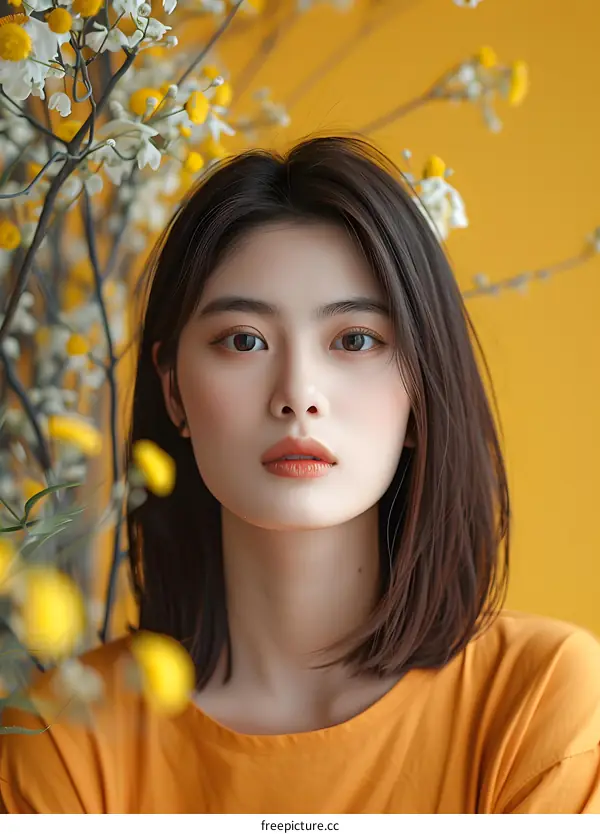 Asian Woman Portrait With Yellow Flowers