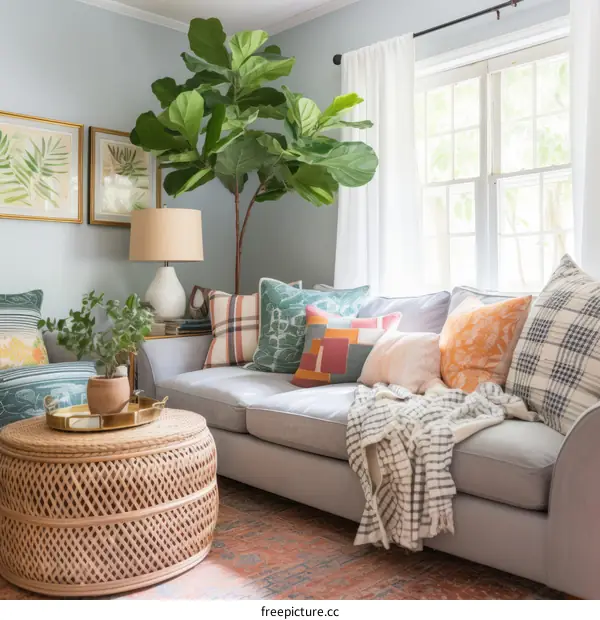 A cozy living room with a large fiddle leaf fig tree in the corner