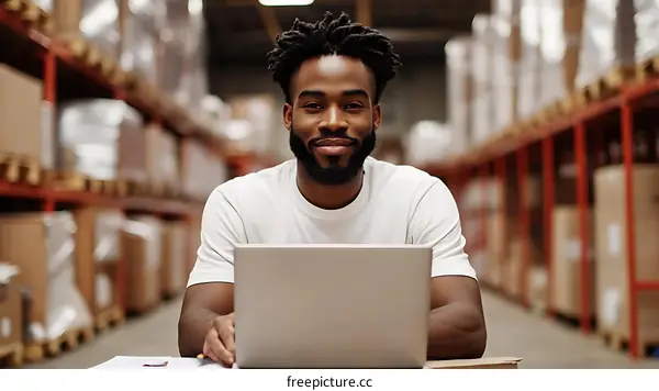 Warehouse Worker Using Laptop in Distribution Center