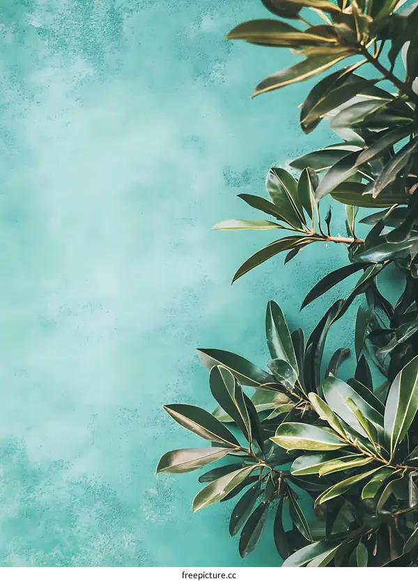 Green Leaves Against Teal Wall Background