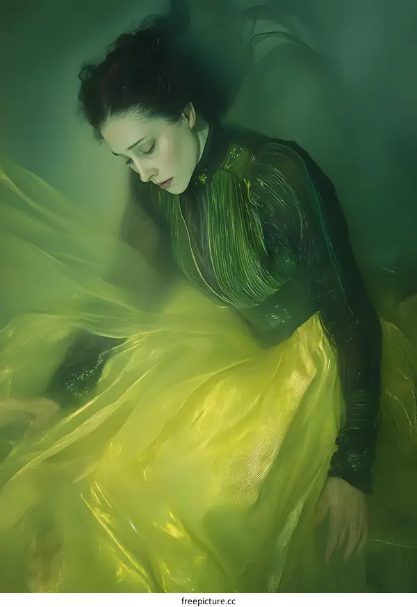 Woman in Green Dress Floating in Water