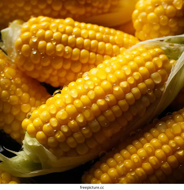 Close-up of yellow corn on the cob with water droplets