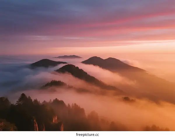 Sunrise Over Misty Mountain Peaks with Golden Light