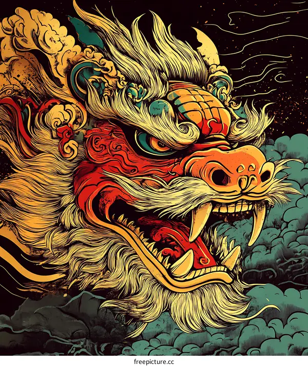 Chinese Dragon Illustration With Detailed Face And Open Mouth