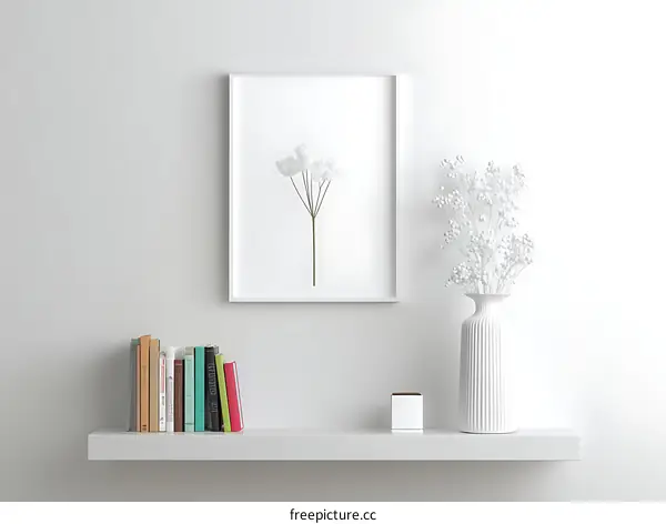 Minimalist White Shelf Decor with Flowers and Books
