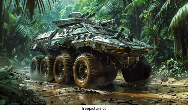 The military vehicle rides through the jungle