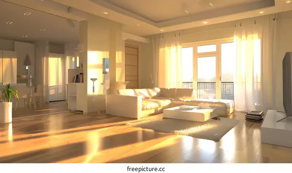 Modern Living Room Interior Design with White Sofa and White Curtains