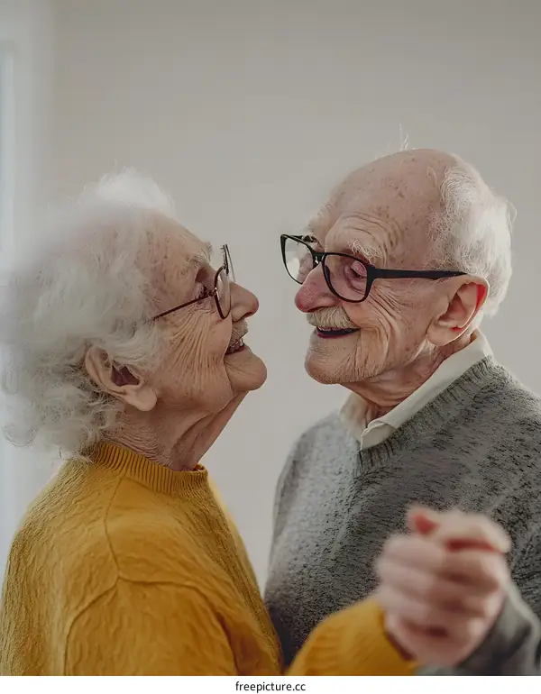 Elderly Couple Holding Hands and Smiling at Each Other